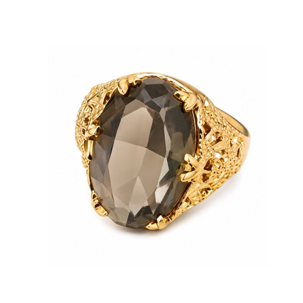 Vintage 1960s Ring Size 4.5 Uncas Smoky Glass Cocktail Gold Plated - 14X